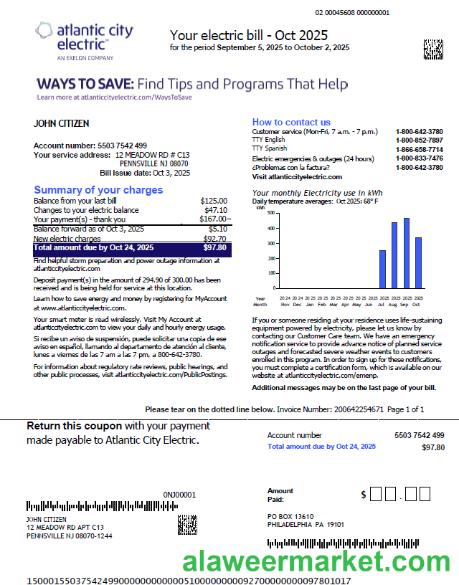 USA Atlantic City Electric utility bill template in Word and PDF formats